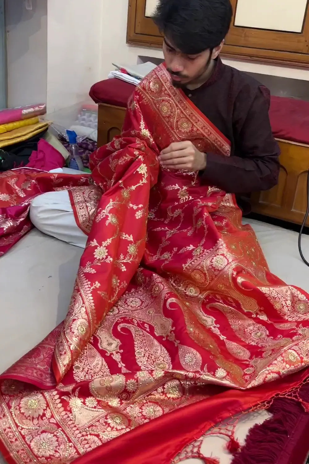 Orange Pink Stone Work Katan Satin Silk Banarasi Saree