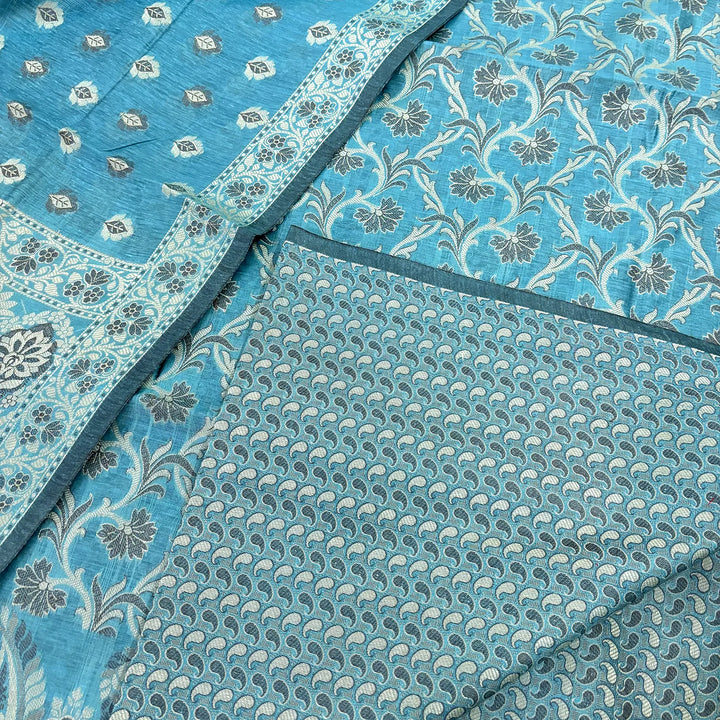 Dark Firozi Surahi Jaal Cotton Silk Banarasi Suit