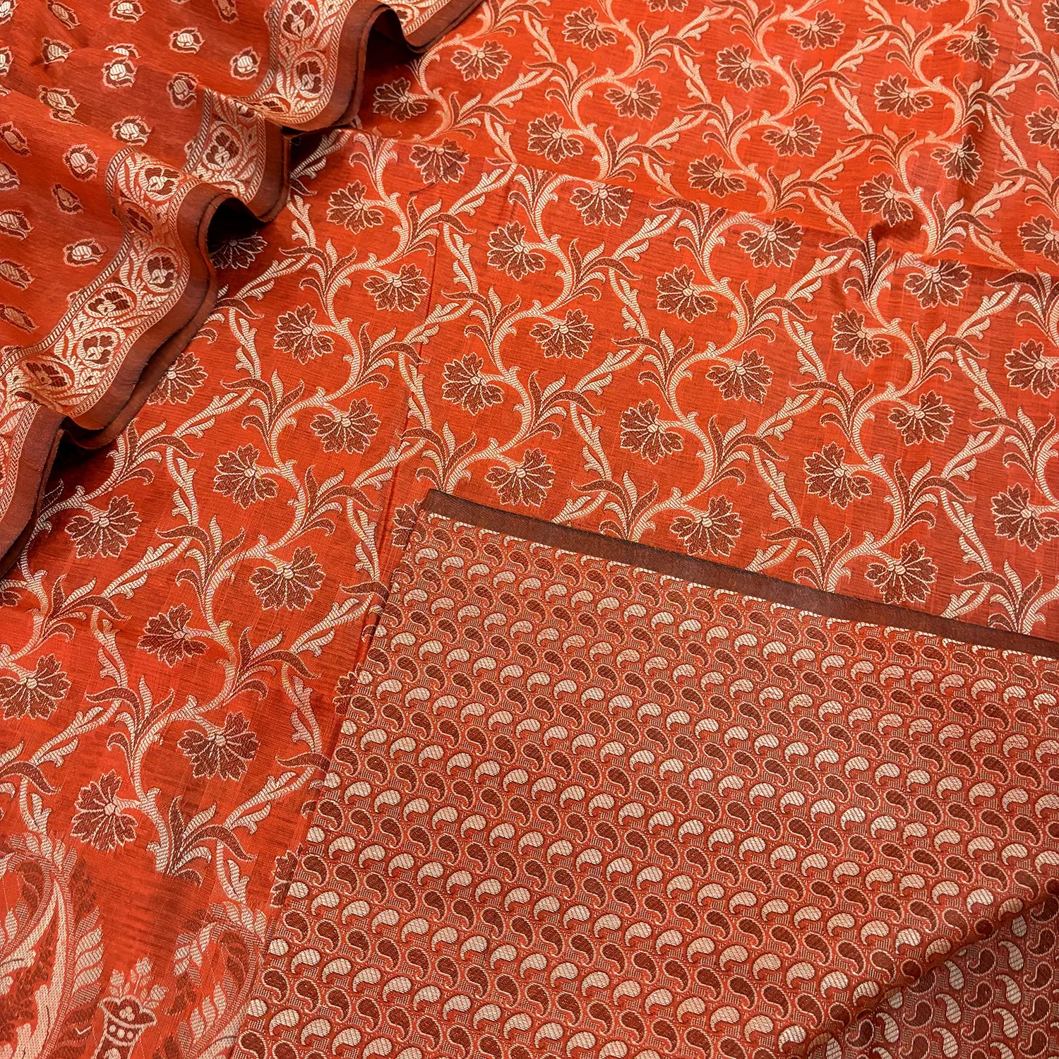 Dark Orange Surahi Jaal Cotton Silk Banarasi Suit