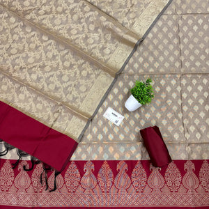 Beige and Maroon Kalgha Patta Banarasi Silk Suit