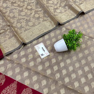 Beige and Maroon Kalgha Patta Banarasi Silk Suit