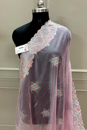 Baby Pink Embroidery Siroski Brasso Net Saree