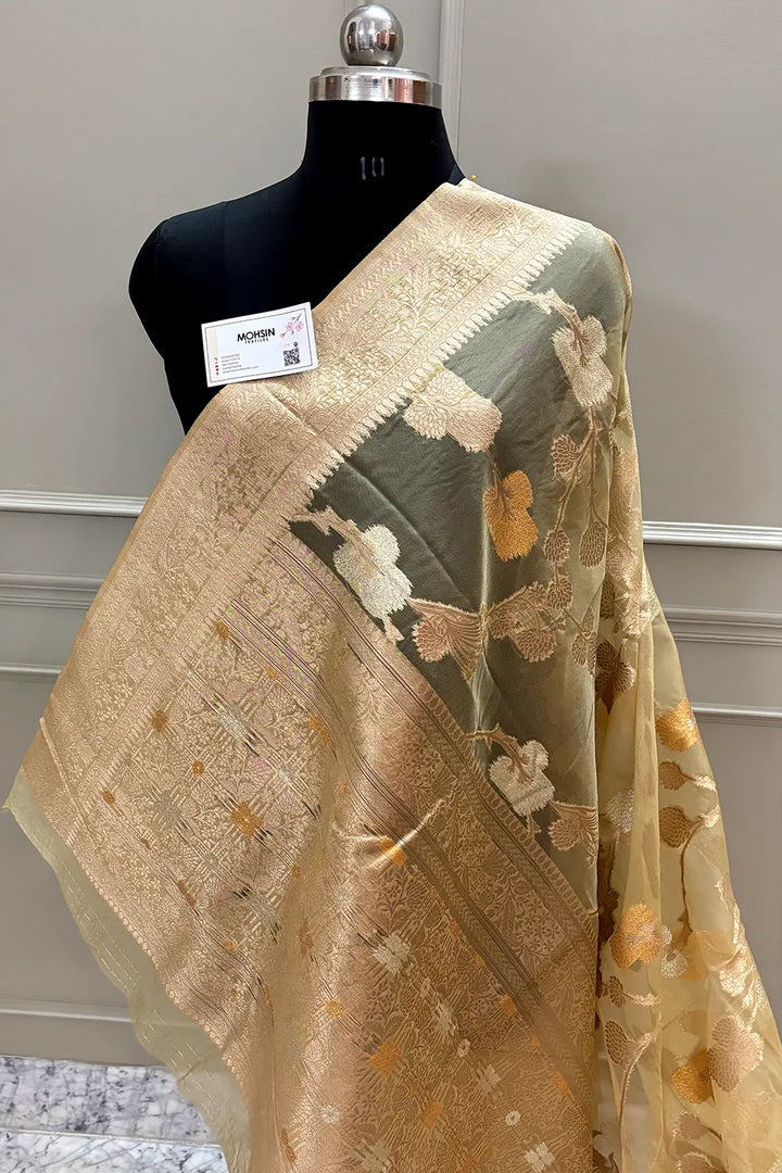 Beige Golden Zari Organza Silk Banarasi Saree