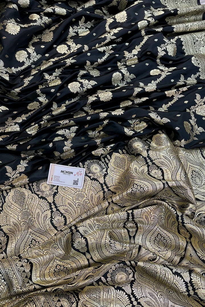 Black Tirchi Daal Katan Silk Banarasi Saree