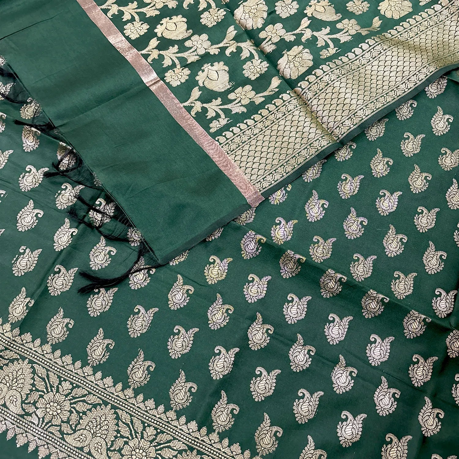 Bottle Green Chirag Buti Satin Silk Banarasi Suit