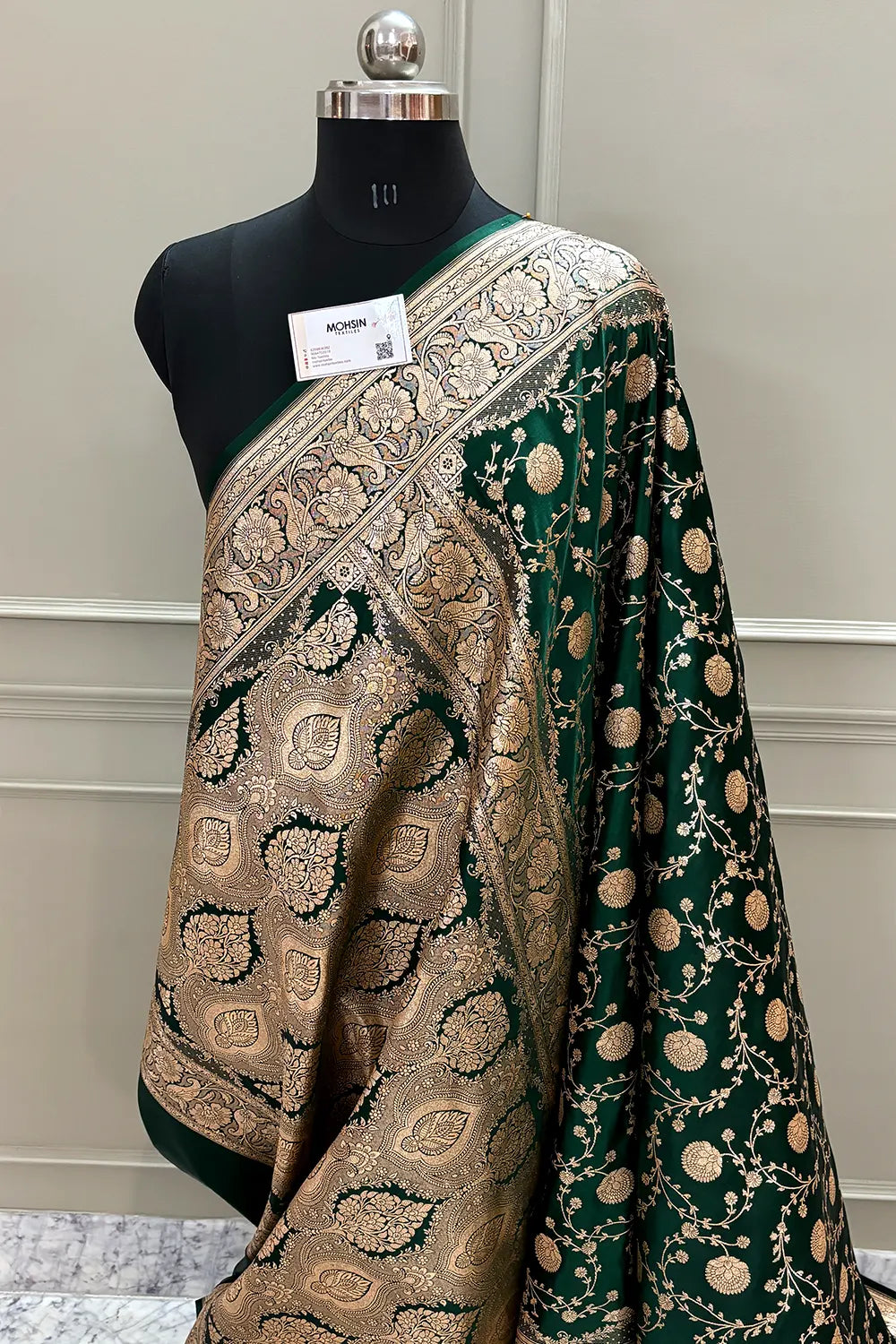 Bottle Green Churmuri Jaal Katan Silk Banarasi Saree