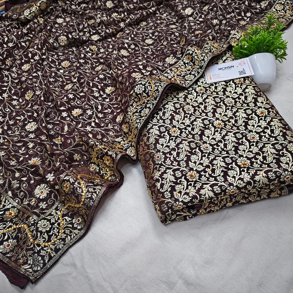 Brown Stone Work Kimkhab Silk Banarasi Gharara