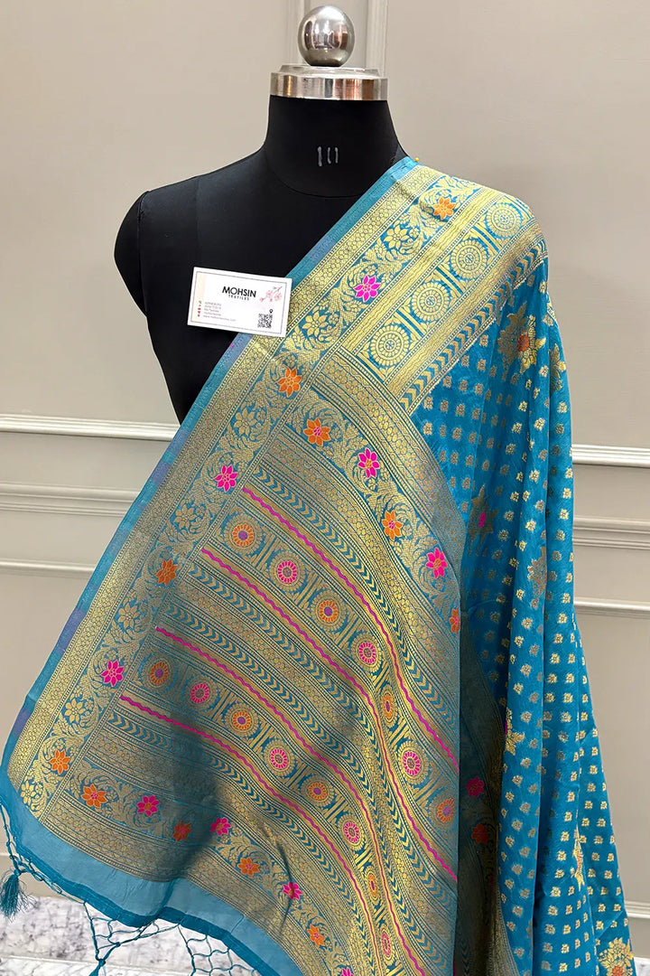 Firozi Golden Zari Dola Silk Banarasi Saree