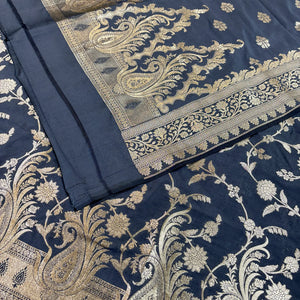 Grey Golden Zari Katan Silk Banarasi Suit