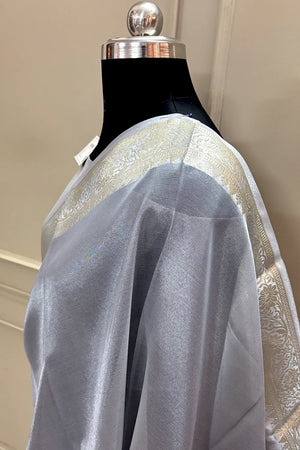 Grey Tarbana Plain Tissue Silk Banarasi Saree