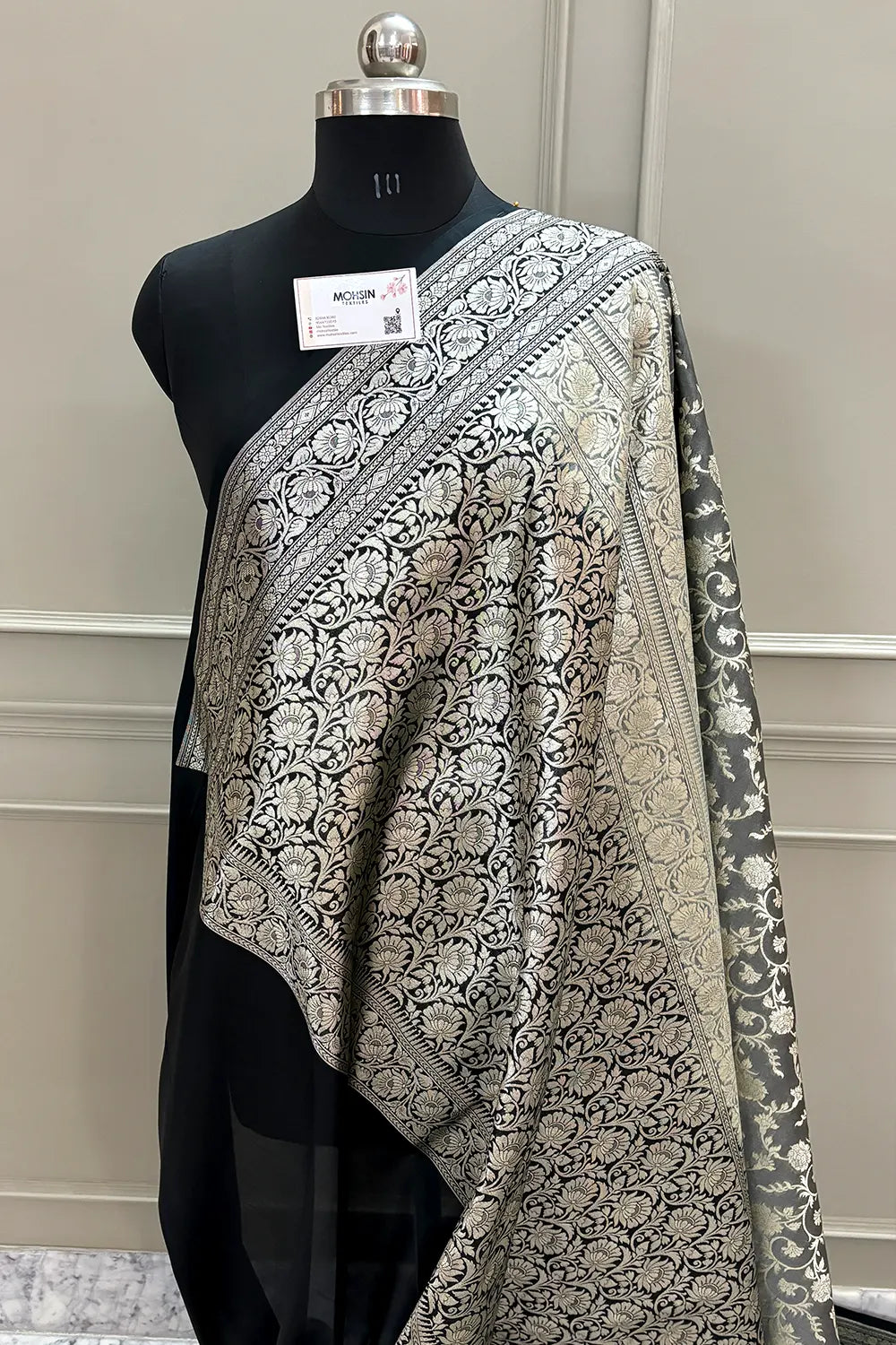 Grey and Black Gulabi Jaal Katan Silk Banarasi Saree