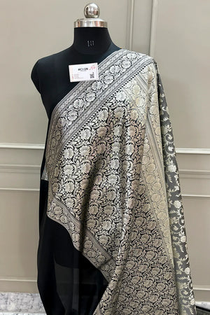 Grey and Black Gulabi Jaal Katan Silk Banarasi Saree