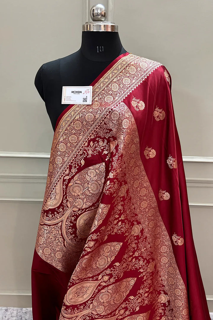 Maroon Golden Flower Katan Silk Banarasi Saree