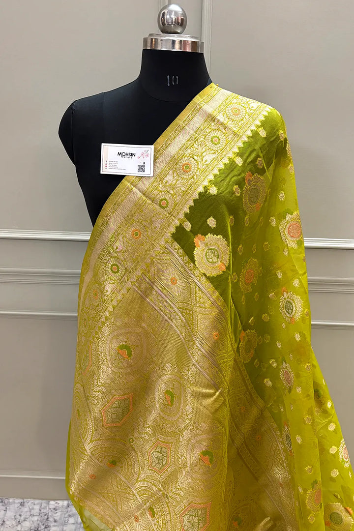 Mehendi Golden Zari Organza Silk Banarasi Saree