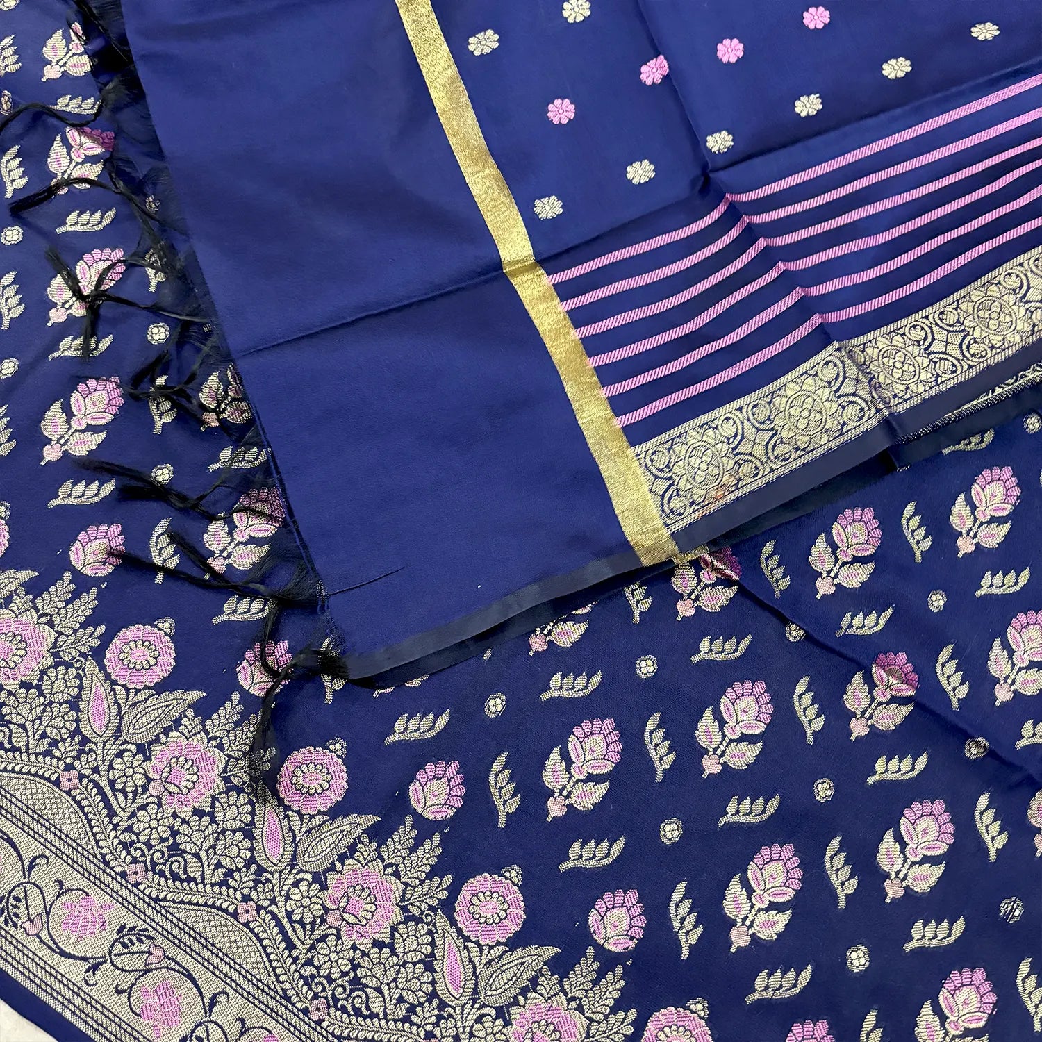 Navy Blue Golden Zari Satin Silk Banarasi Suit