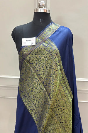 Navy Blue Plain Golden Zari Silky Banarasi Saree