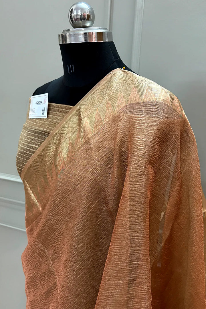 Orange Khaardaar Crush Tissue Silk Banarasi Saree