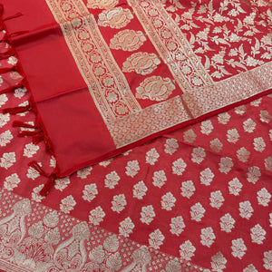 Peach Golden Zari Katan Silk Banarasi Suit