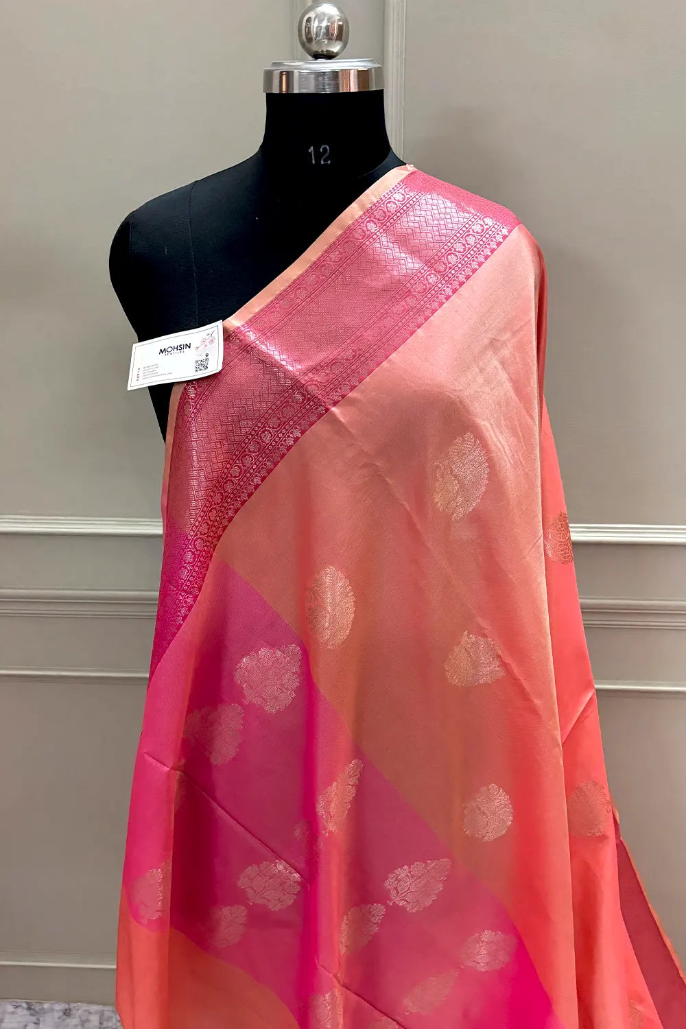 Peach and Pink Golden Zari Banarasi Silk Saree