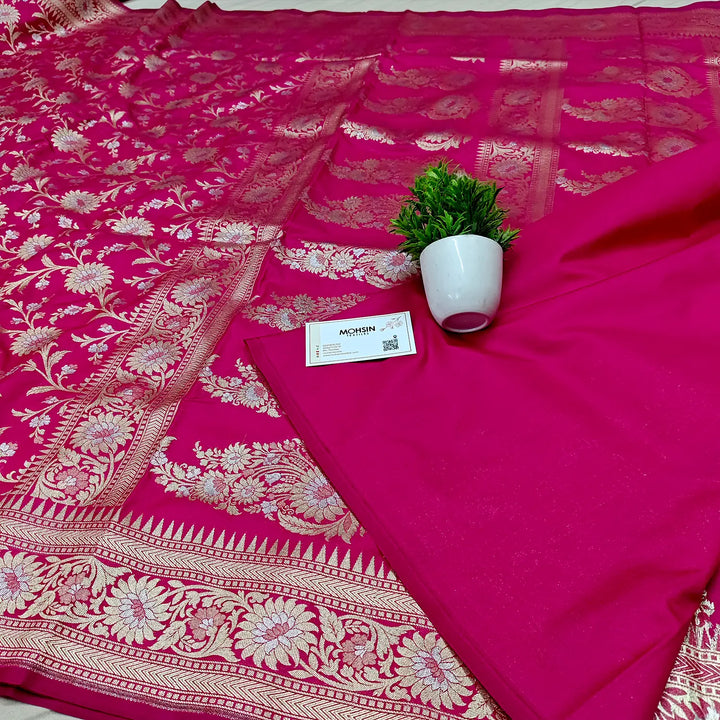 Pink Ganga Jamuna Crepe Silk Banarasi Saree