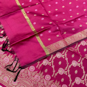 Pink Golden Zari Satin Silk Banarasi Suit