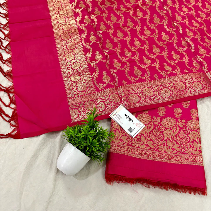 Rani Pink Sunflower Katan Silk Banarasi Suit