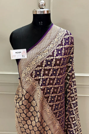 Purple Bandhej Georgette Silk Banarasi Saree