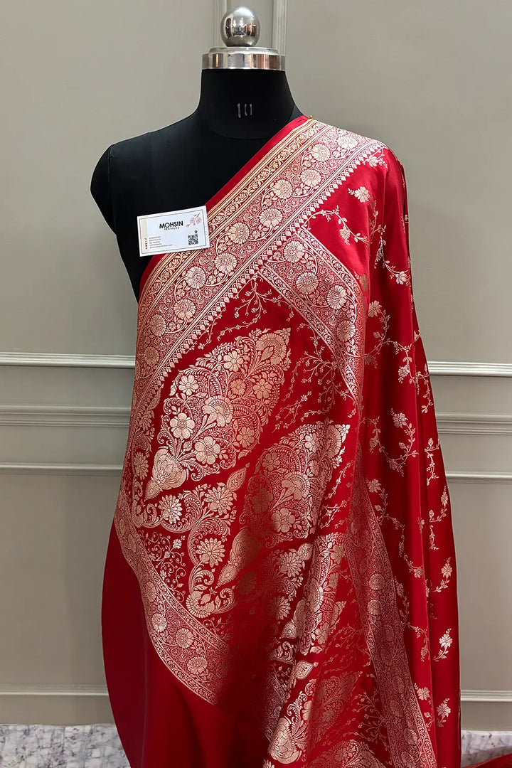 Red Jhadi Jaal Katan Silk Banarasi Saree