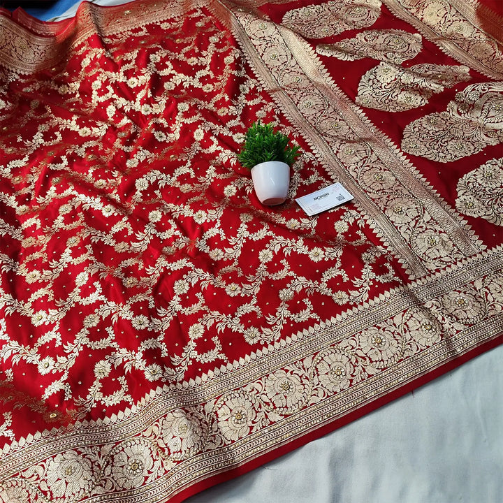 Red Moglai Jaal Stone Work Katan Banarasi Saree