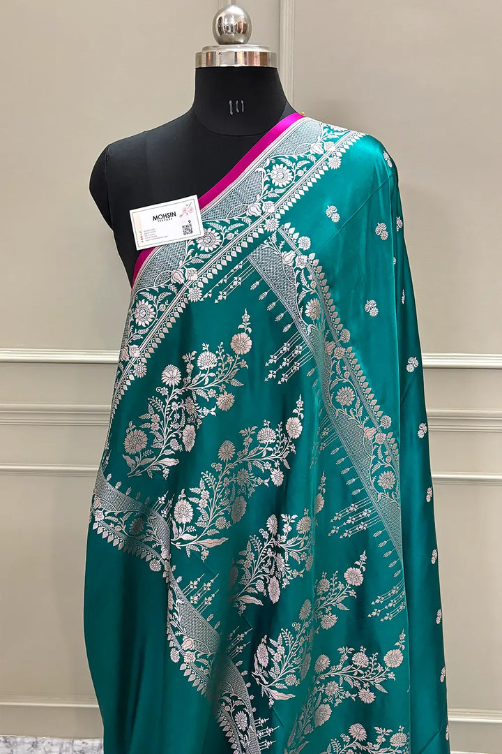 Teal Babri Buti Katan Silk Banarasi Saree