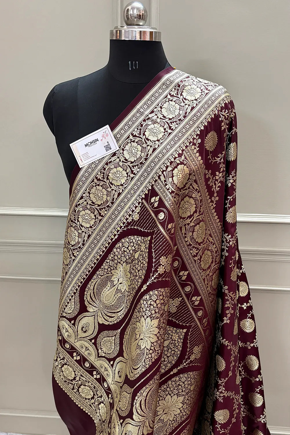 Wine Pankhuri Jaal Katan Silk Banarasi Saree