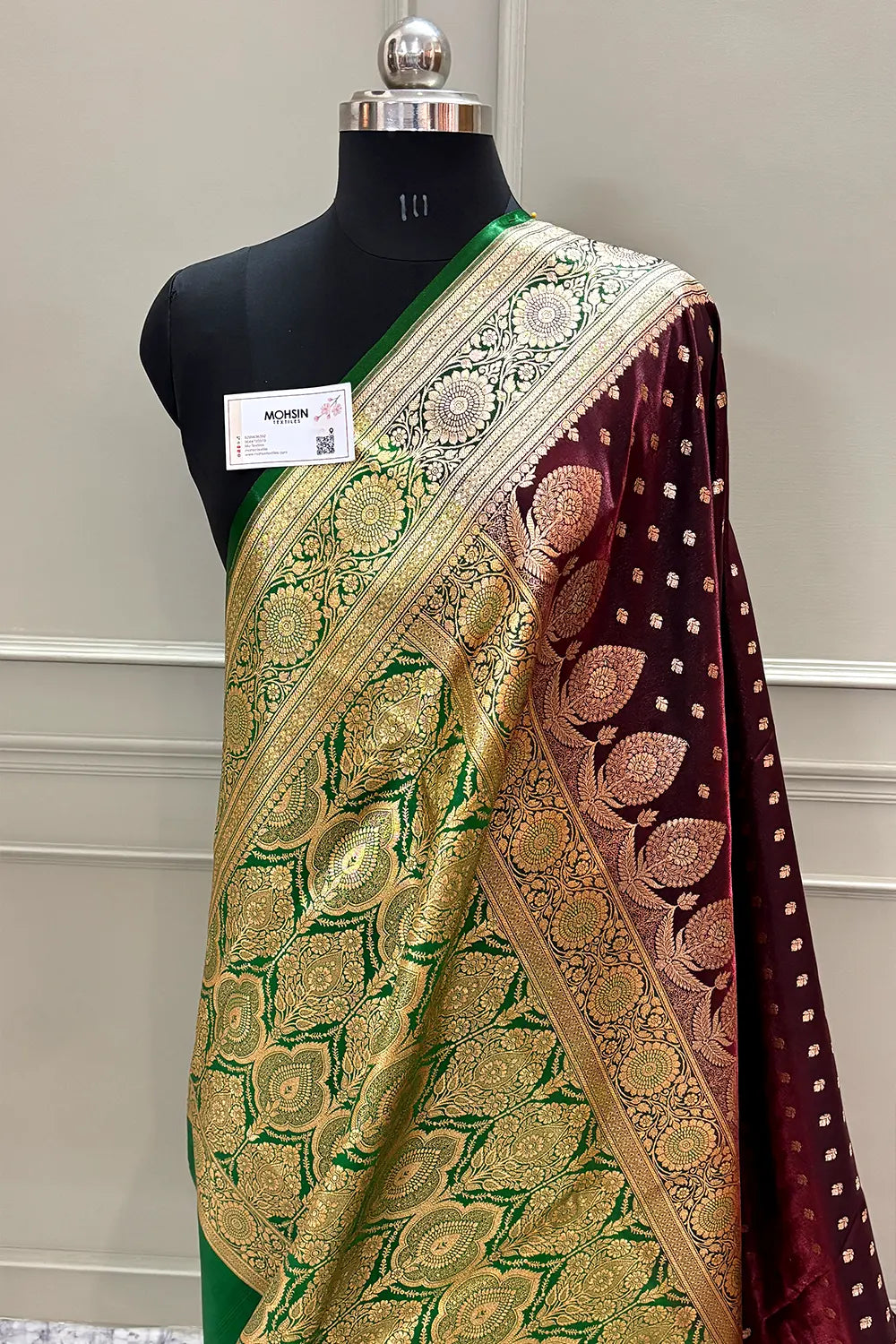 Wine and Green Makkhi Buti Katan Silk Banarasi Saree