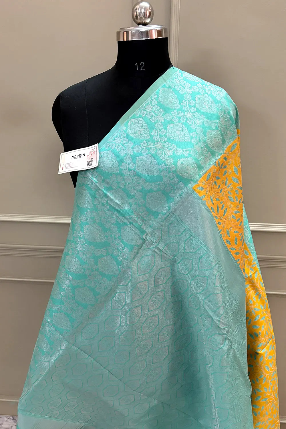 Yellow and Firozi Resham Zari Banarasi Silk Saree