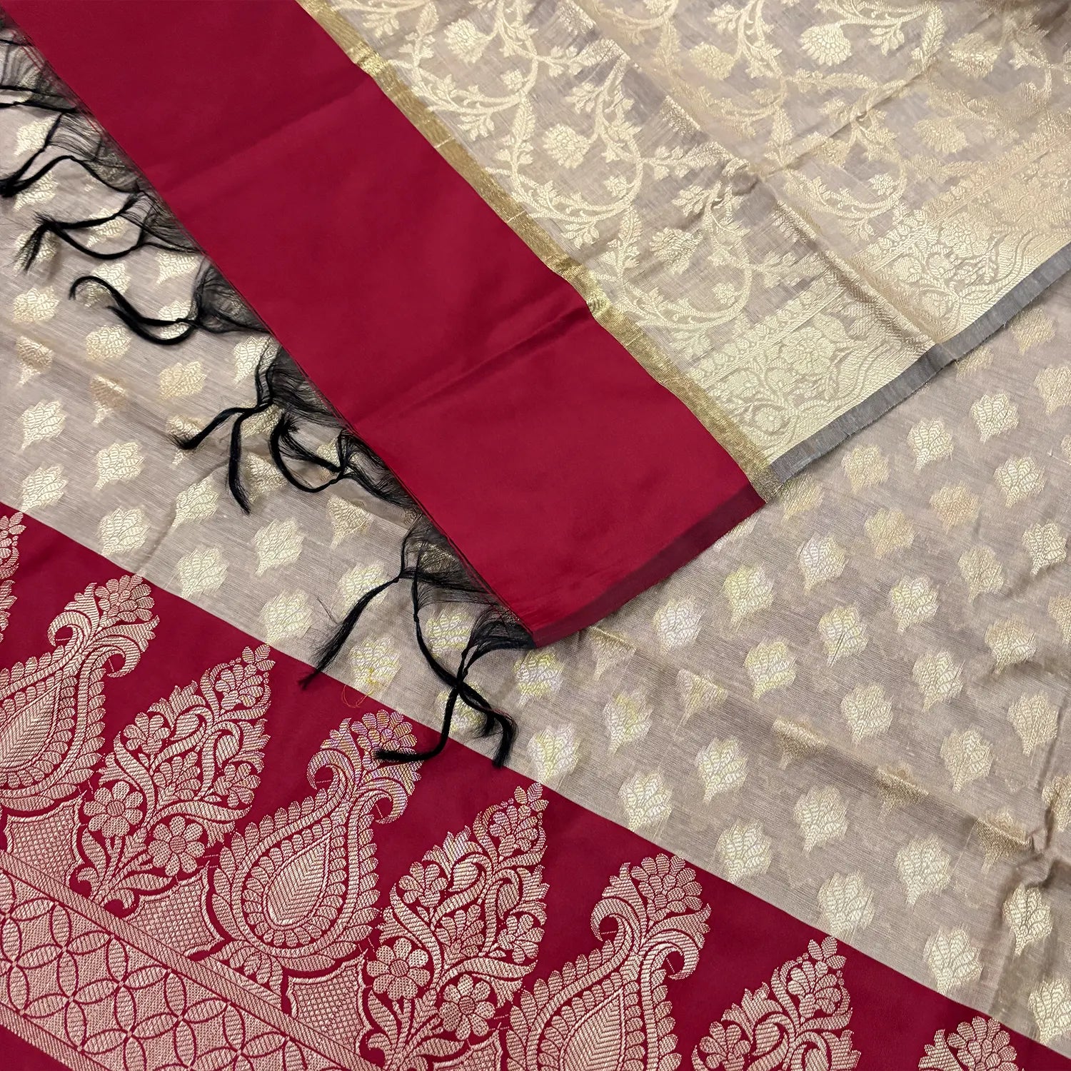 Beige and Maroon Kalgha Patta Banarasi Silk Suit