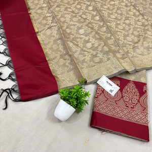 Beige and Maroon Kalgha Patta Banarasi Silk Suit
