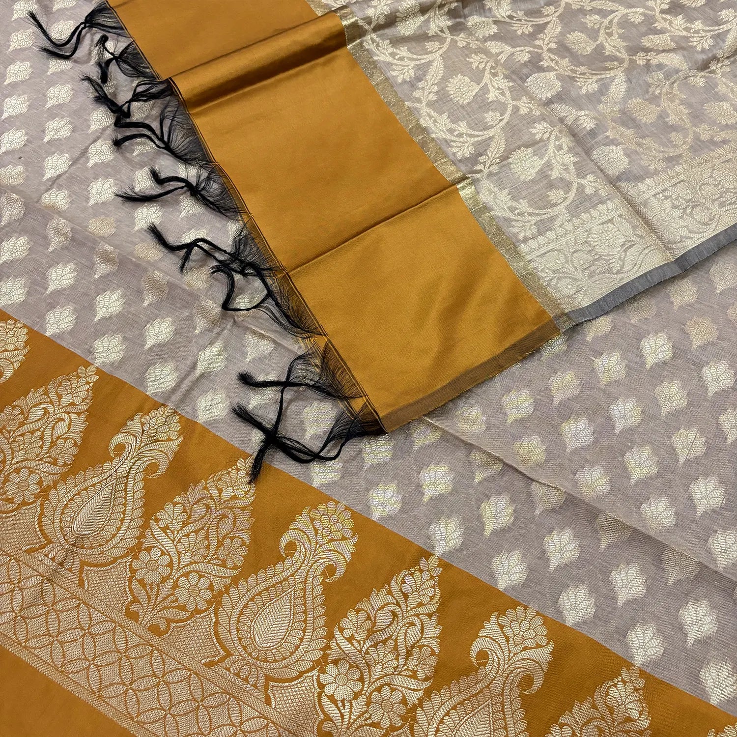 Beige and Mustard Kalgha Patta Banarasi Silk Suit