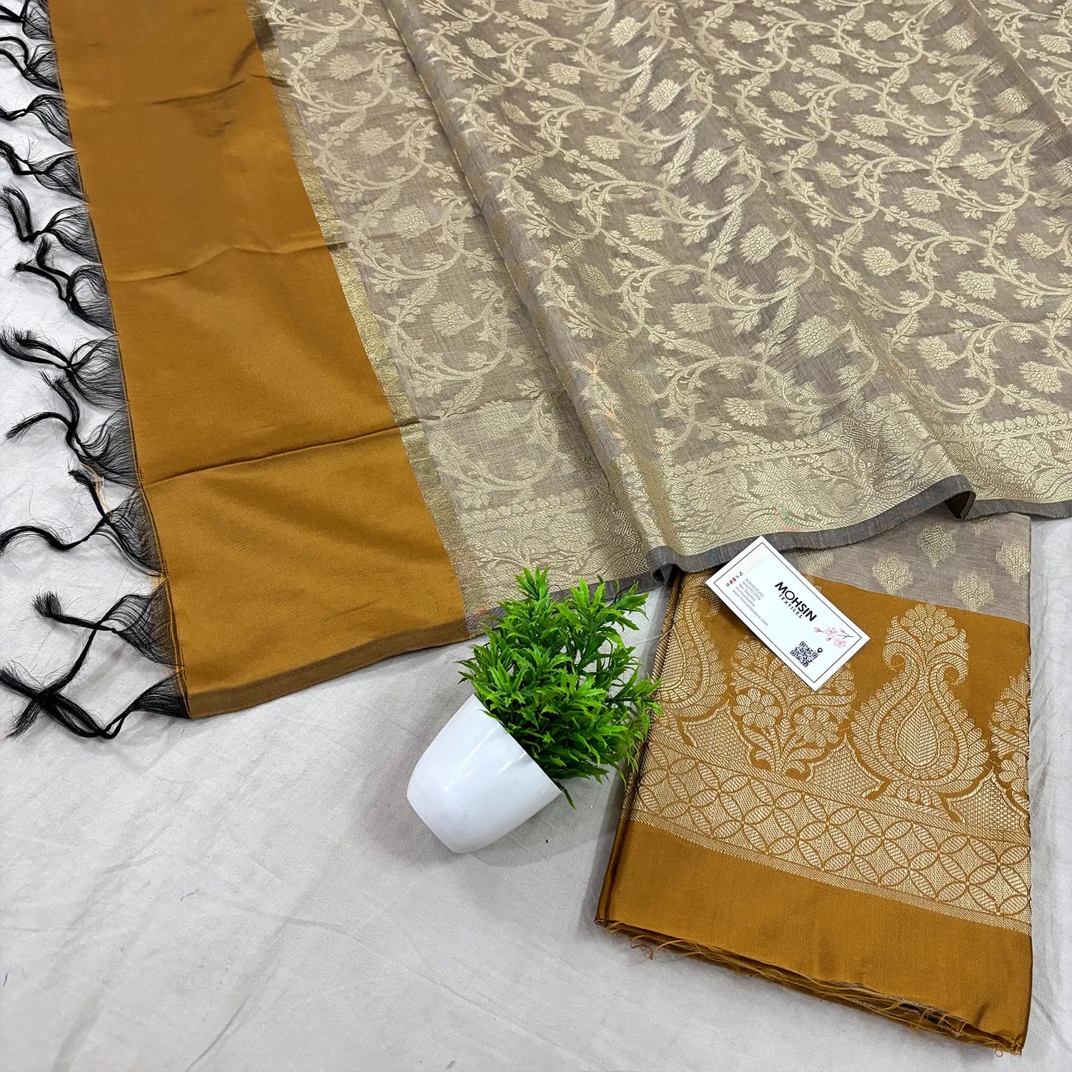 Beige and Mustard Kalgha Patta Banarasi Silk Suit