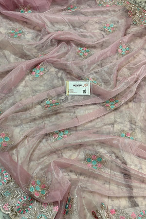 Baby Pink Embroidery Siroski Brasso Net Saree