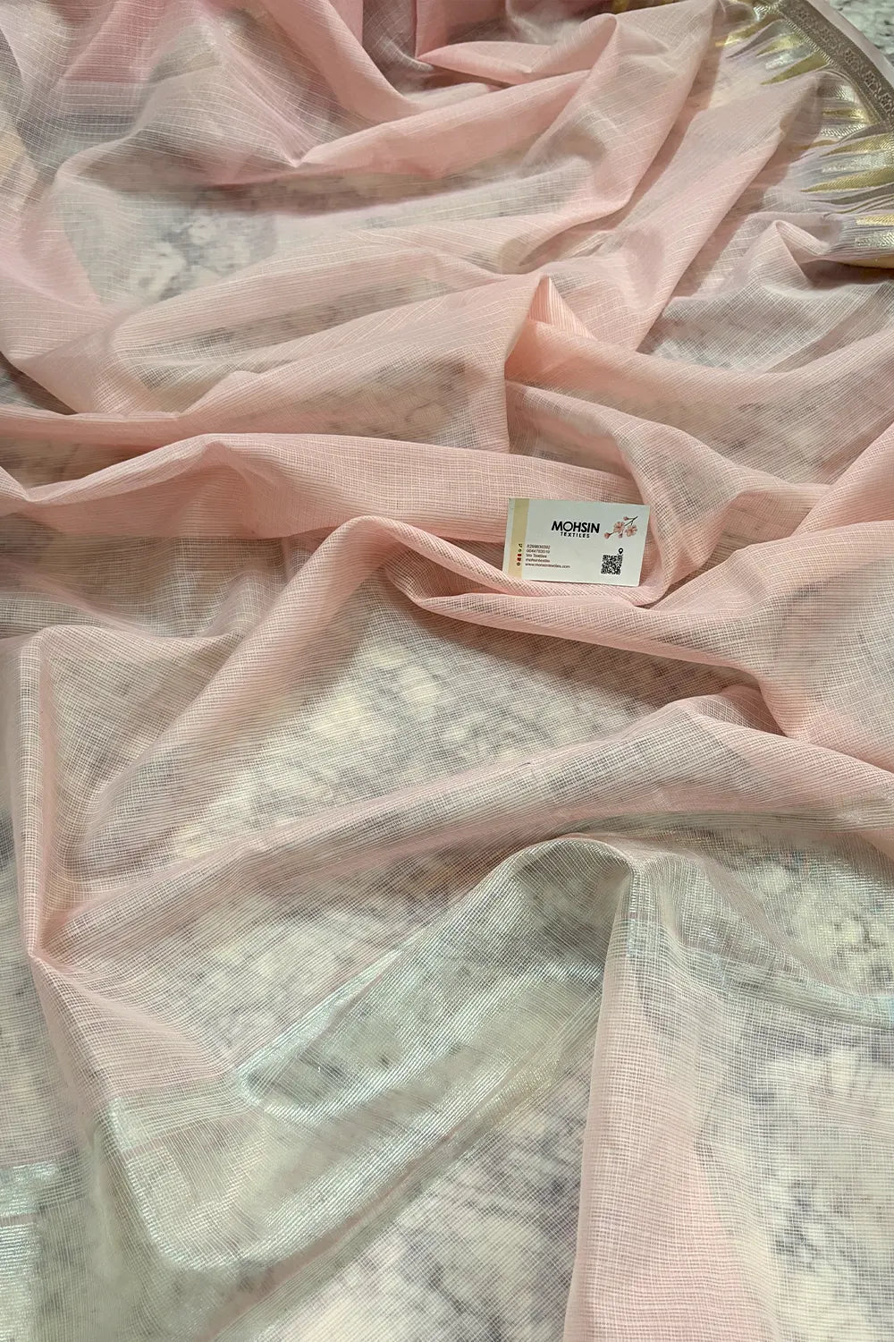 Baby Pink Plain Moonga Check Silk Saree