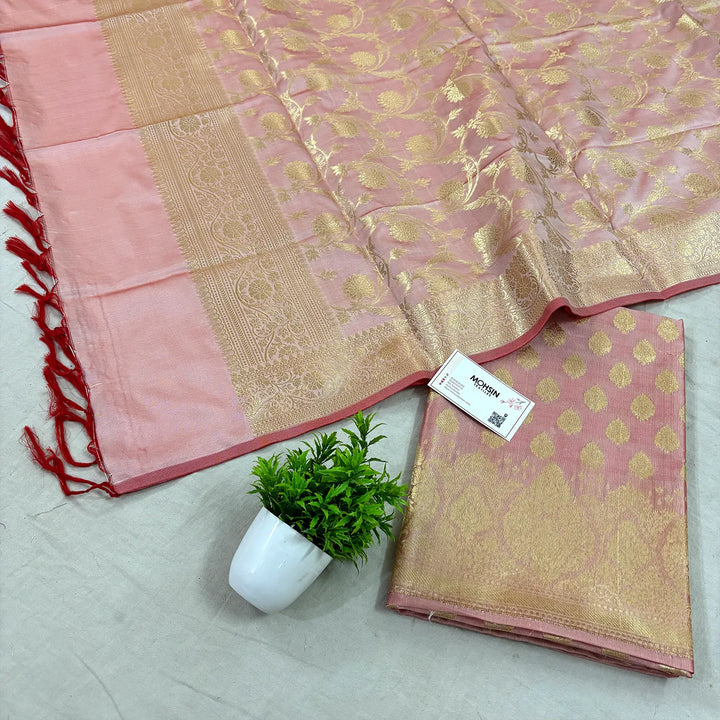 Baby Pink Singhasan Buti Satin Silk Banarasi Suit