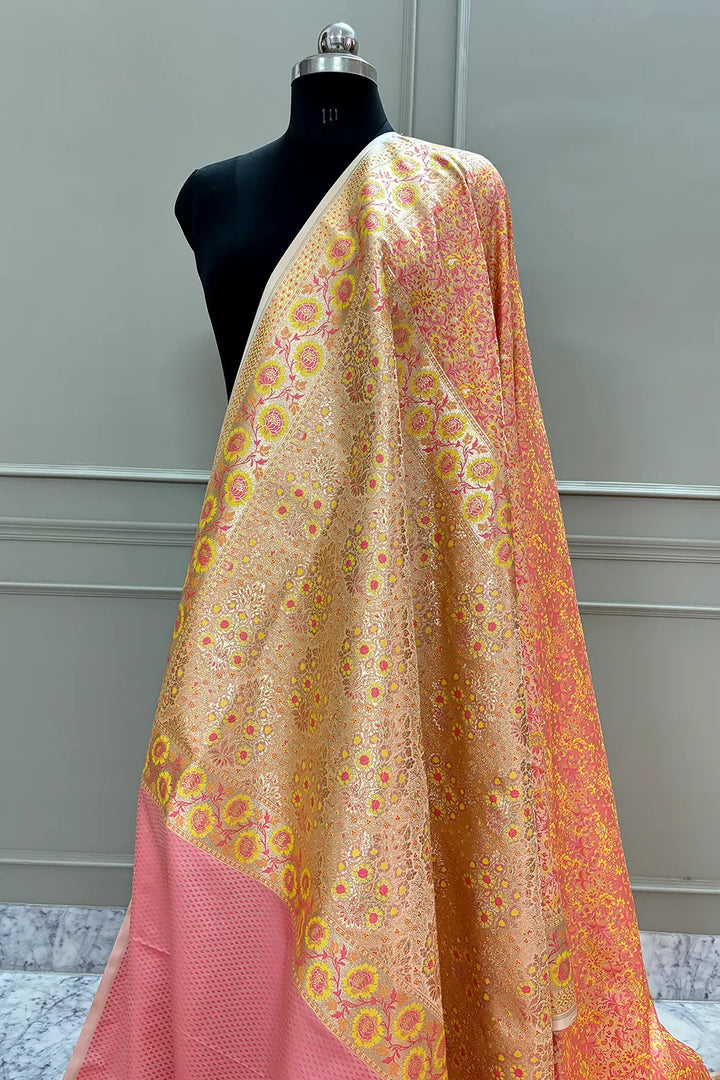 Baby Pink and Peach Jungli Jaal Katan Silk Banarasi Saree