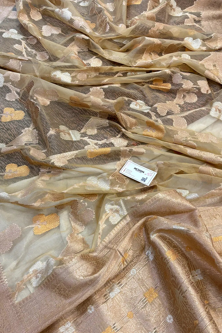 Beige Golden Zari Organza Silk Banarasi Saree