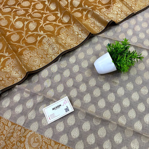 Beige and Mustard Gulkan Buti Satin Silk Banarasi Suit