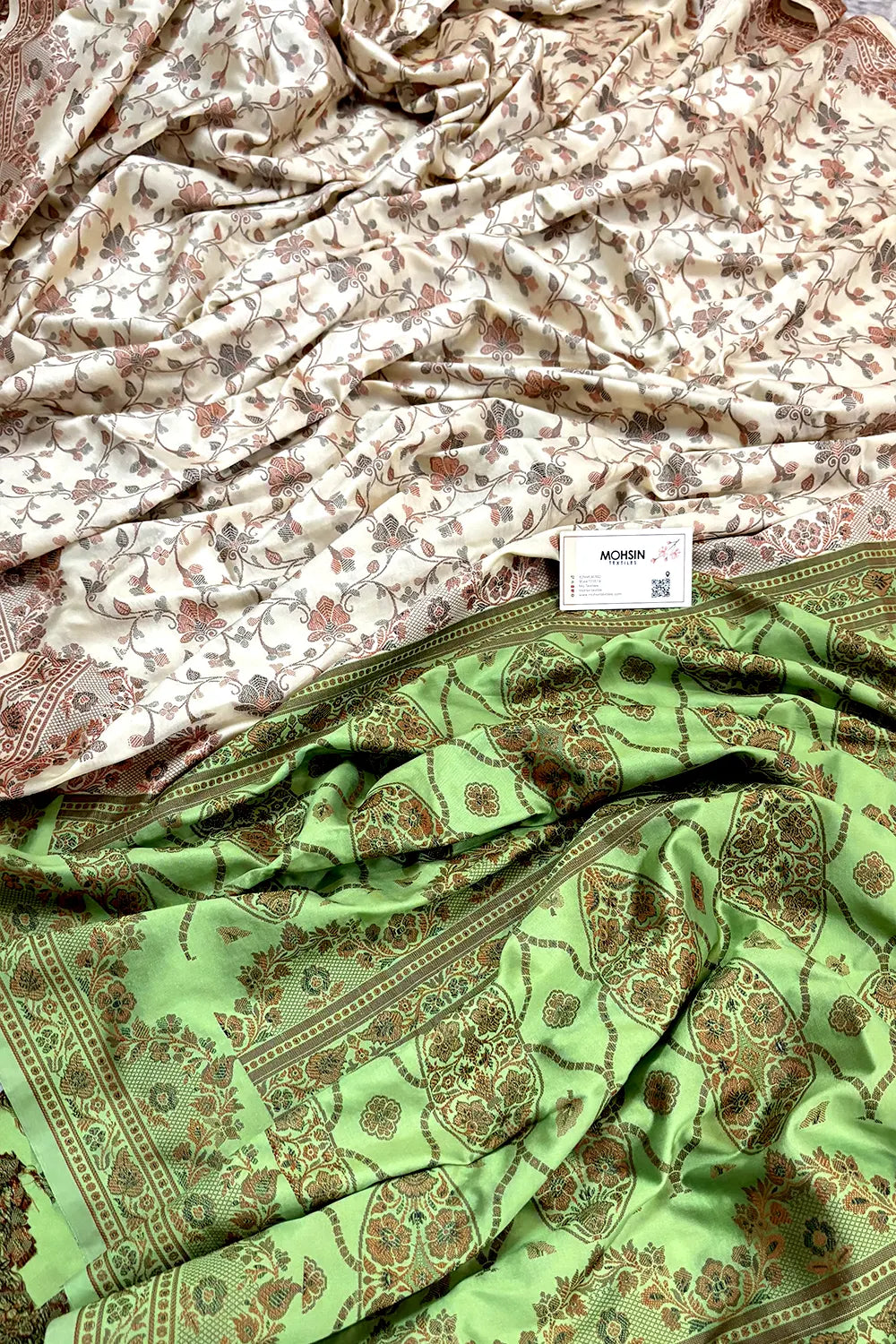 Beige and Pista Resham Silk Banarasi Saree