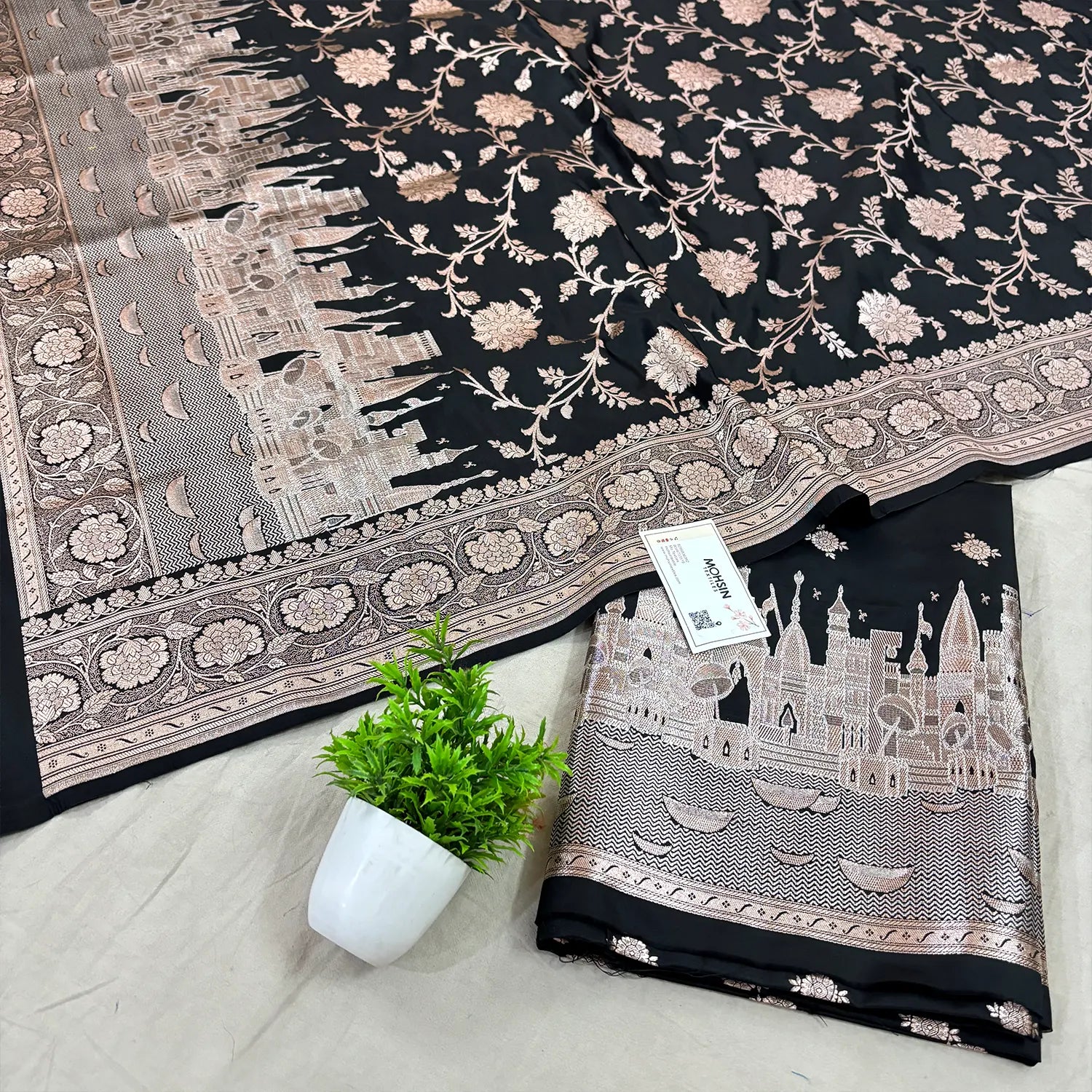 Black Ganga Ghat Katan Silk Banarasi Suit