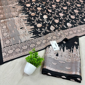 Black Ganga Ghat Katan Silk Banarasi Suit