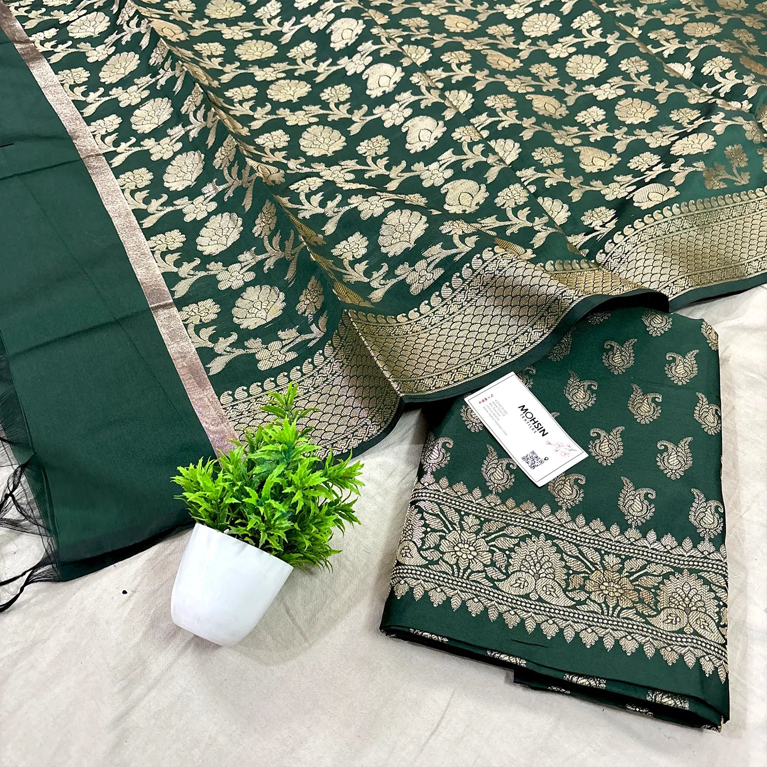 Bottle Green Chirag Buti Satin Silk Banarasi Suit