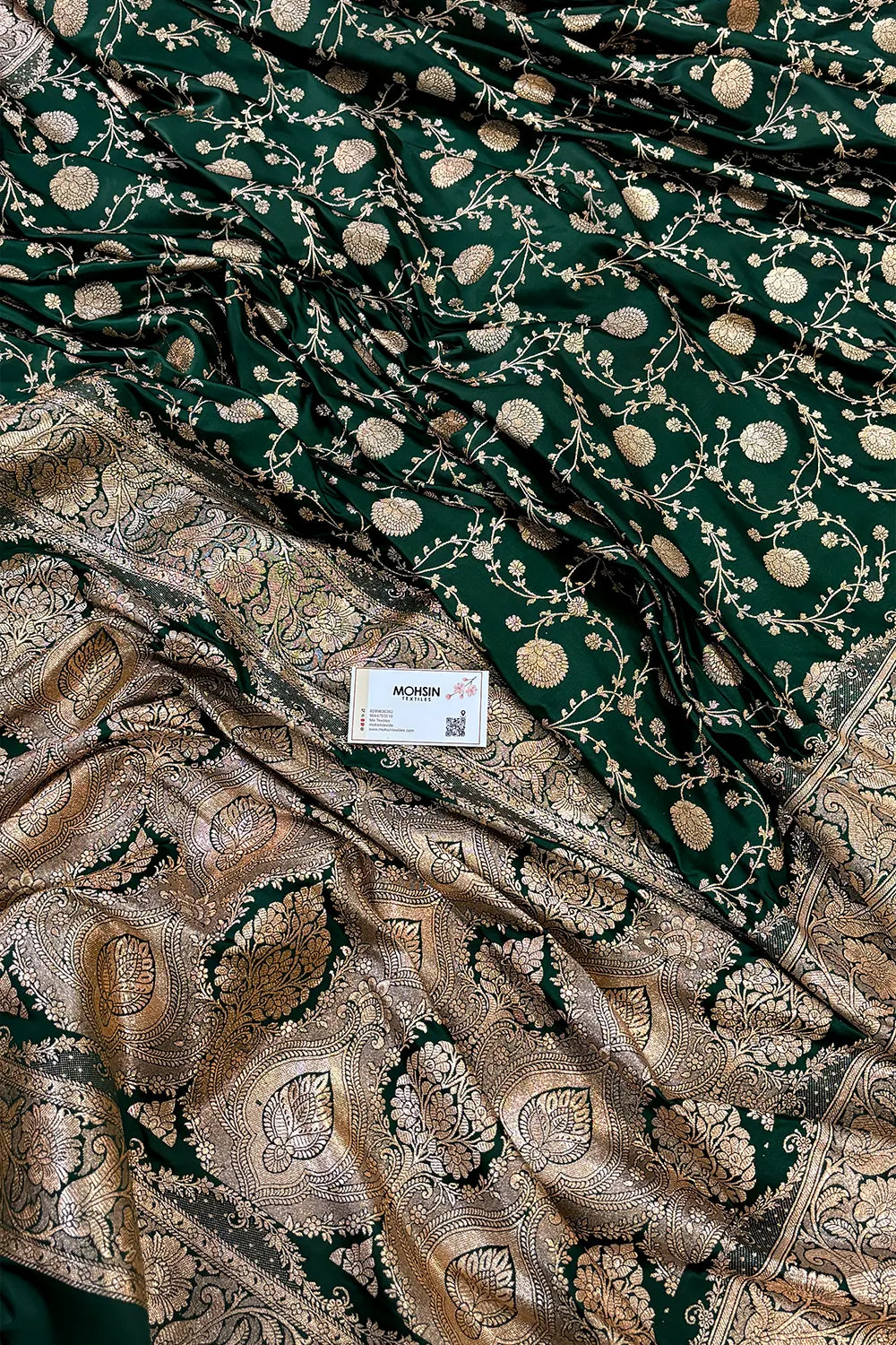 Bottle Green Churmuri Jaal Katan Silk Banarasi Saree