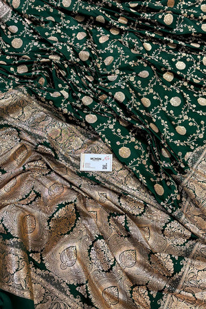 Bottle Green Churmuri Jaal Katan Silk Banarasi Saree