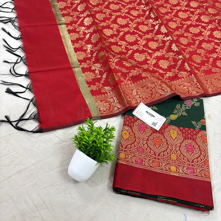 Bottle Green and Red Rang Mahal Satin Silk Banarasi Suit